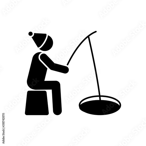 Man catches fish on ice icon. Simple vector pictogram of winter recreation icons for ui and ux, website or mobile application