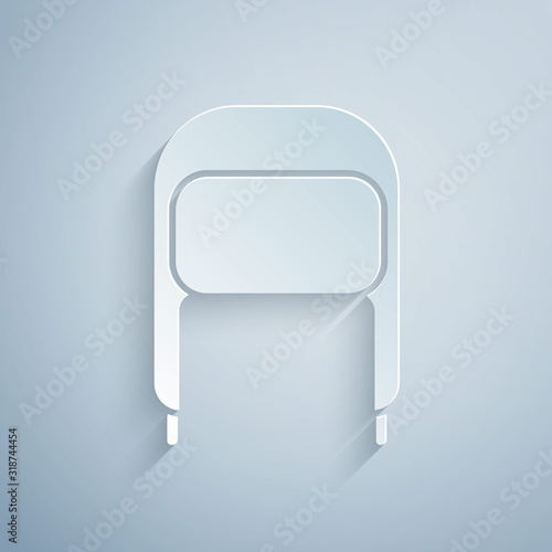 Paper cut Winter hat with ear flaps icon isolated on grey background. Paper art style. Vector Illustration