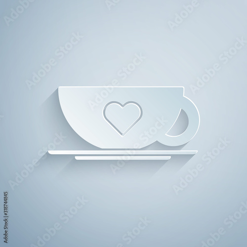Paper cut Coffee cup and heart icon isolated on grey background. Couple coffee for lovers on Valentines Day. Paper art style. Vector Illustration