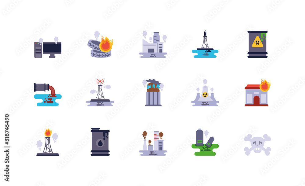 Climate change global warning and pollution icon set vector design