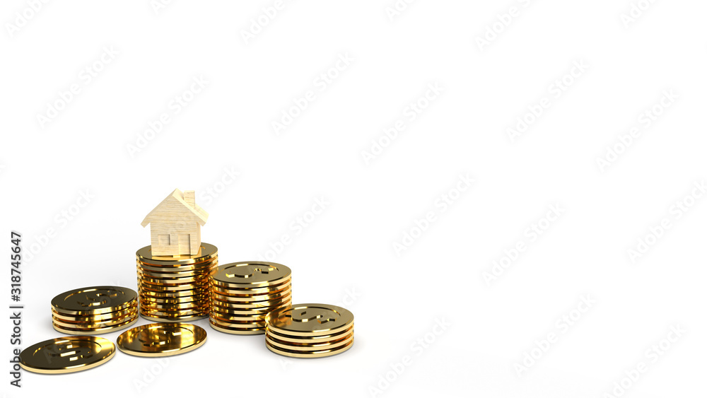 The home wooden gold coins group 3d rendering on white background for property content. The home wooden gold coins group 3d rendering on white background for property content.