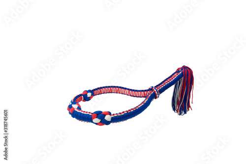 Mongkol with stripes, red, white, blue, are isolated on white background, using by Muay Thai athletes, is a headband with a long - tailed at the back. photo