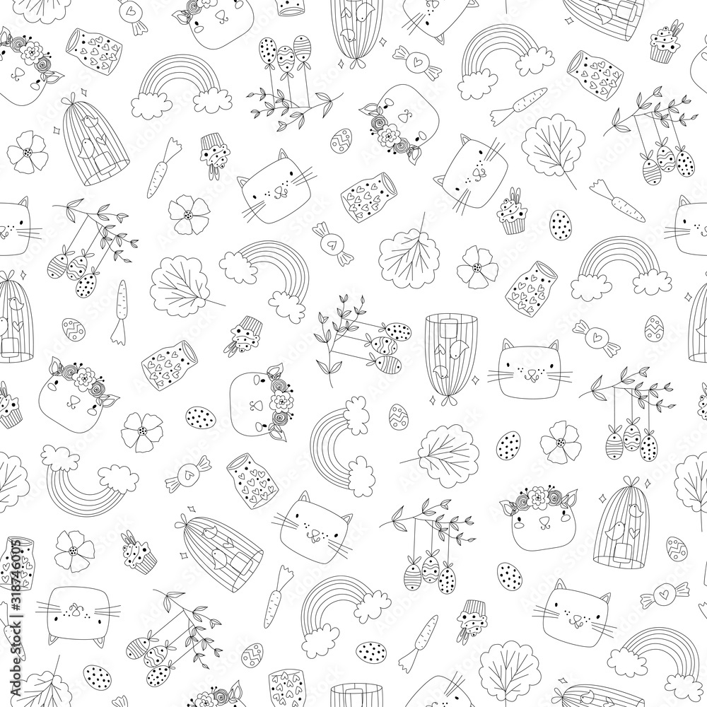 vector doodle seamless pattern with easter design: bunny, plants, animals, bird cage, rainbow, flowers, eggs, jar, hearts. unique wrapping paper of outline happy easter line art sketch ink drawings