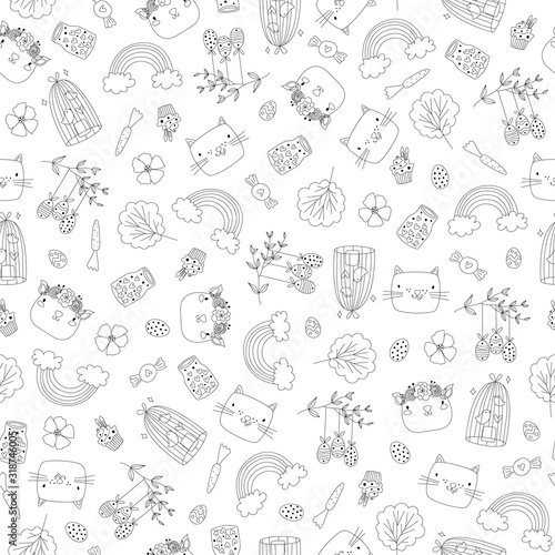 vector doodle seamless pattern with easter design: bunny, plants, animals, bird cage, rainbow, flowers, eggs, jar, hearts. unique wrapping paper of outline happy easter line art sketch ink drawings
