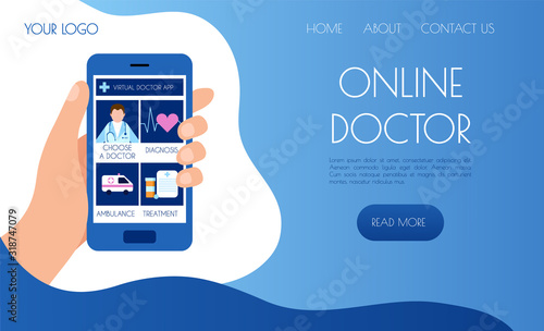 template landing page for medical site. hand holding phone with virtual doctor app on screen. concept for distance medicine. vector  flat illustration.Concept for online medicine. web banner