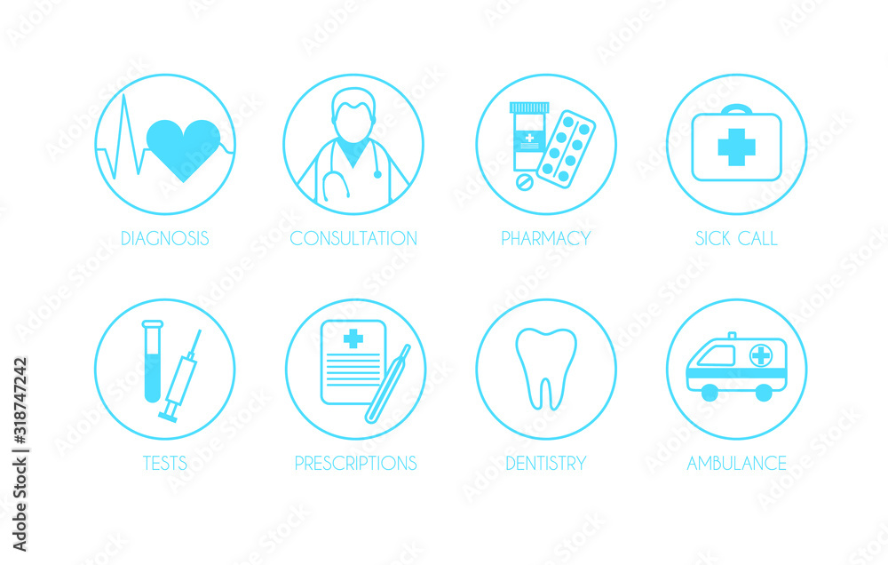 vector illustration in flat style.  concept of medical icons for applications, banners, websites. Illustrations for diagnosis, treatment, analysis, medical research, ambulance. Online doctor