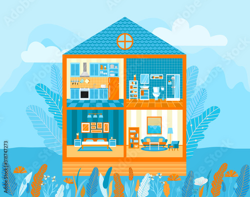 house in cut. small cozy house with kitchen, bedroom, bathroom and living room on background of mountain landscape. cottage with equipped rooms, furniture, decor, appliances. vector flat illustration