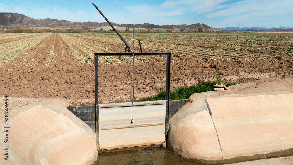 Closed irrigation sluice gate in farmers field Arizona Stock Photo