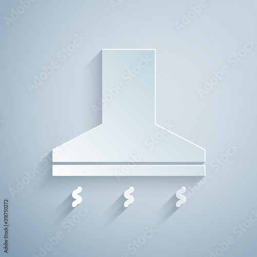 Paper cut Kitchen extractor fan icon isolated on grey background. Cooker hood. Kitchen exhaust. Household appliance. Paper art style. Vector Illustration