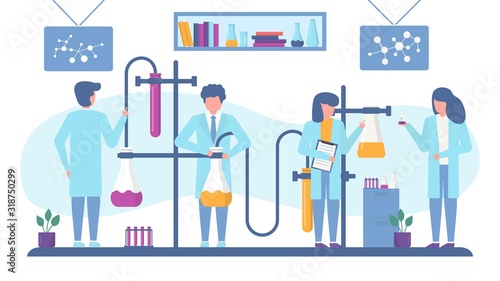 Chemical laboratory antivirus vaccine search vector illustration. Working scientists chemists team doing pharmaceutical researches banner. People in lab with glass flasks, test tubes, liquids.