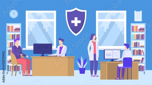 Doctors and patient in medical clinic, hospital office vector illustration. Group of colleagues doctors at workplaces in room interior. Pharmacy inside. Computers, desks, cabinets with documents.