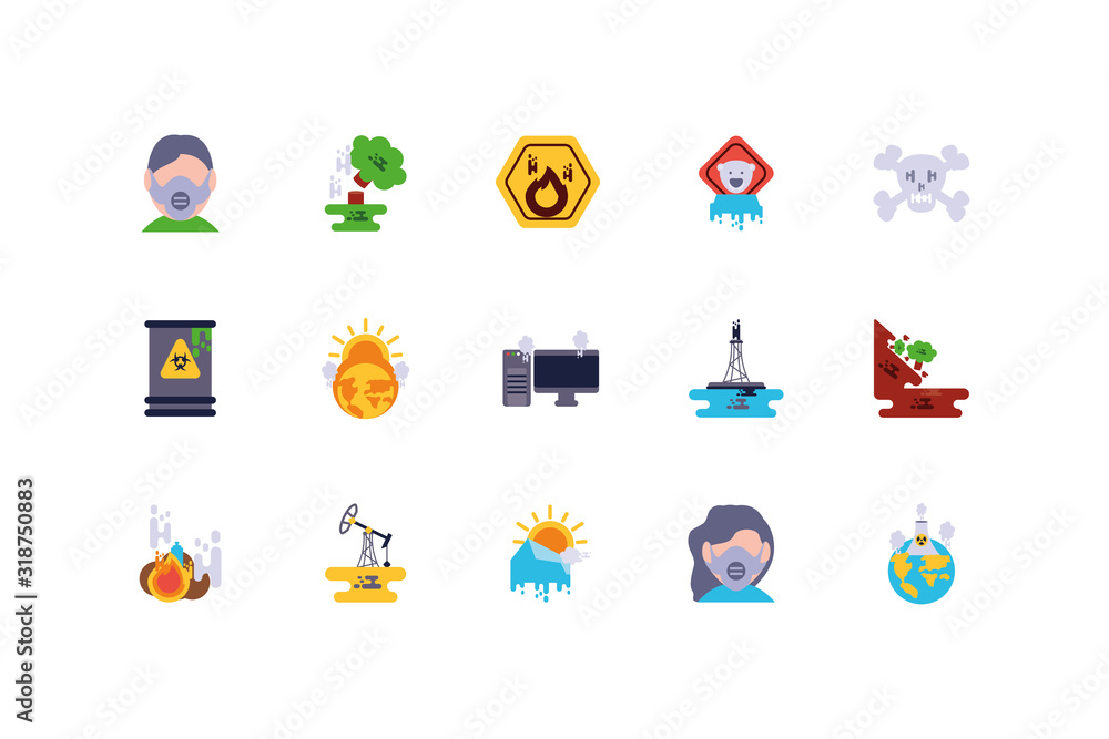Climate change global warning and pollution icon set vector design Climate change global warning and pollution icon set vector design