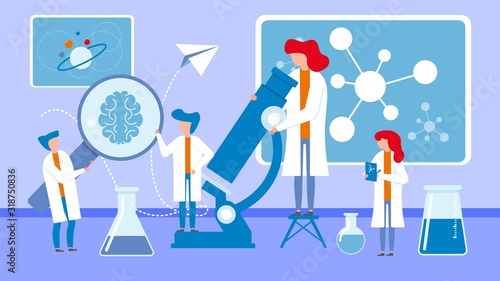 Scientists in laboratory antivirus vaccine search vector illustration. Science teamwork of tiny people group. Magnifying glass, flasks and beakers, molecules and atoms.Virus coronavirus vaccine search