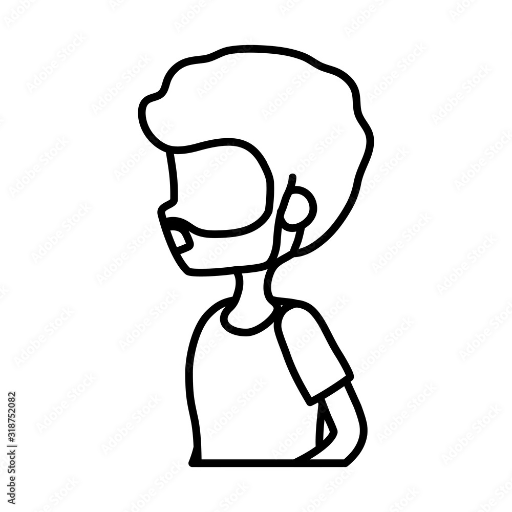 side view young man portrait character thick line