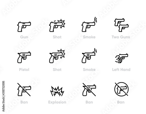 Gun icons set. Vector Handgun, Pistol, Weapon and No Gun Sign. Military Equipment. Editable line