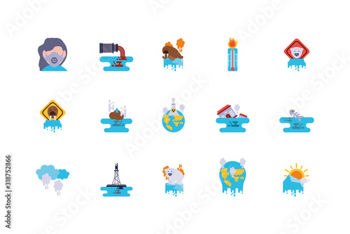 Climate change global warning and pollution icon set vector design