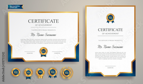 Simple blue and gold certificate of achievement template with gold badge and border