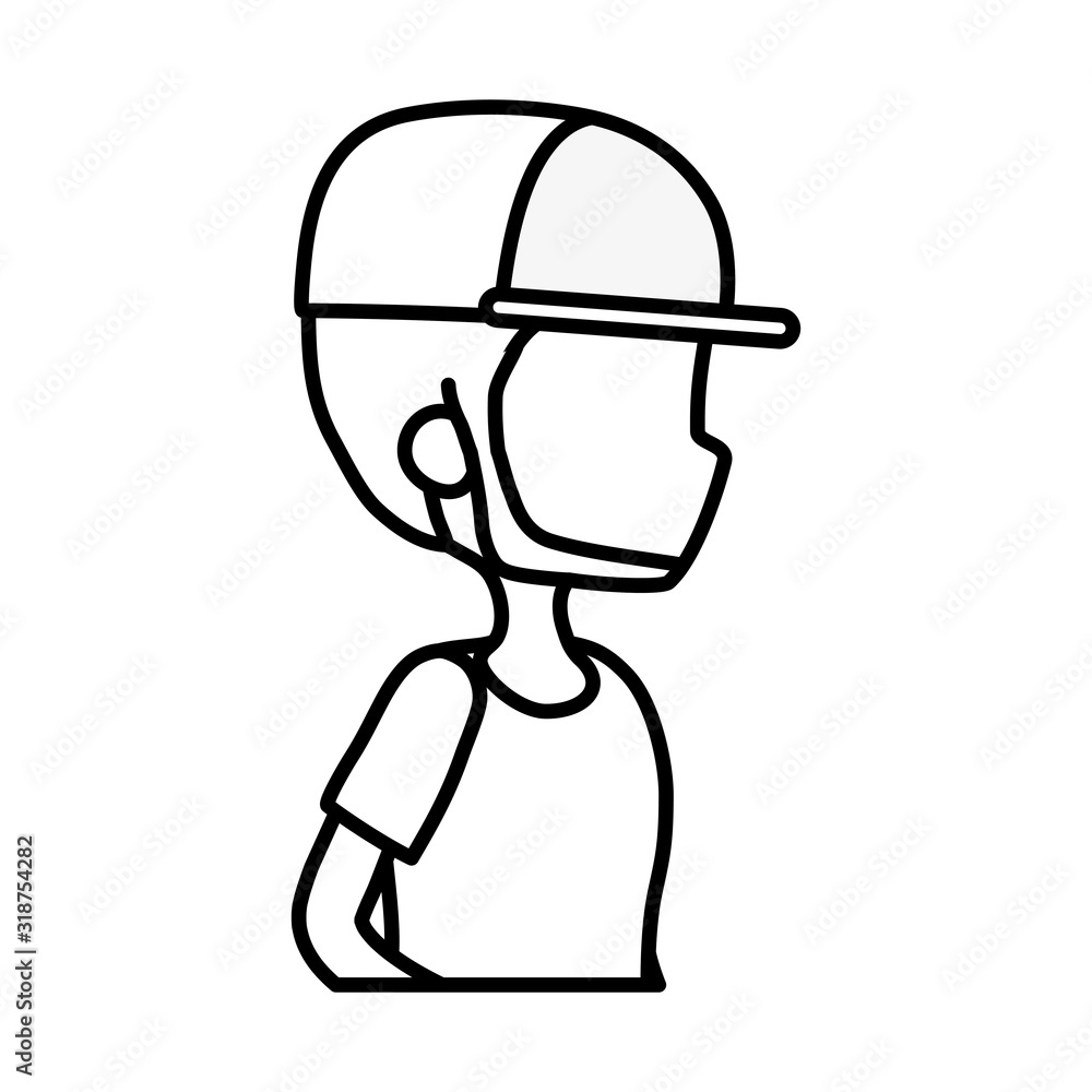 side view young man portrait character thick line side view young man portrait character thick line