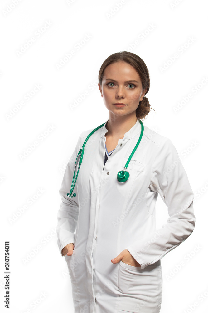 Portrait of Tranquil Professional GP Doctor Posing With Endoscope Against White. Portrait of Tranquil Professional GP Doctor Posing With Endoscope Against White.