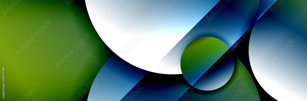 Obraz premium Dynamic trendy geometrical abstract background. Circles, round shapes 3d shadow effects and fluid gradients. Modern overlapping round forms