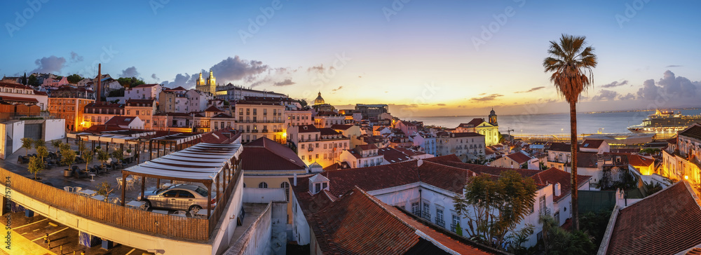 Lisbon Portugal sunrise panorama city skyline at Lisbon Alfama district - obrazy, fototapety, plakaty 
