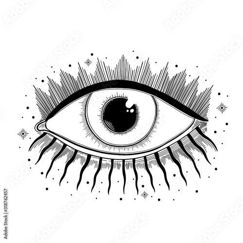 Evil Seeing eye symbol. Occult mystic emblem, graphic design tattoo. Esoteric sign alchemy, decorative style, providence sight.