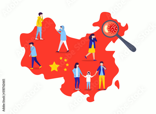 Coronavirus china wuhan epidemic disease vector illustration. Virus on China map, flu people in mask unhealthy, medical help needs. Bad death infection, medicine epidemy chinese vaccine.
