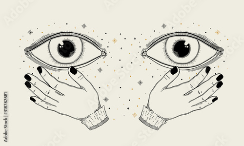 Evil Seeing eye symbol. Occult mystic emblem, graphic design tattoo. Esoteric sign alchemy, decorative style, providence sight.