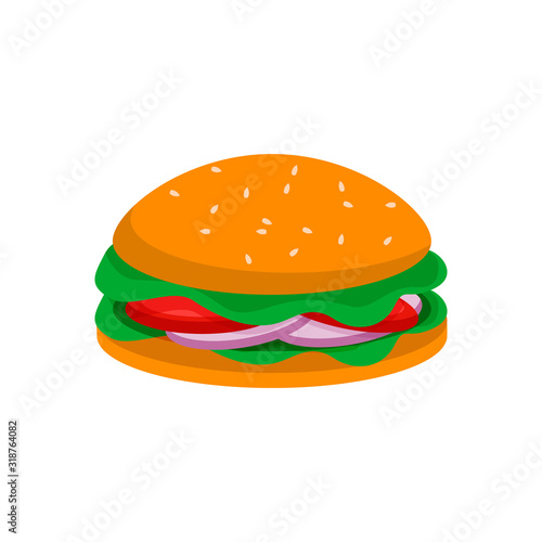 Burger with beef, cheese, lettuce, tomato, cucumber and onion in flat styl isolated on white background.