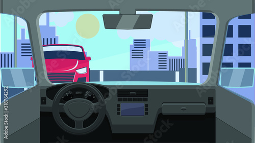 interior of car showing streets and buildings vector