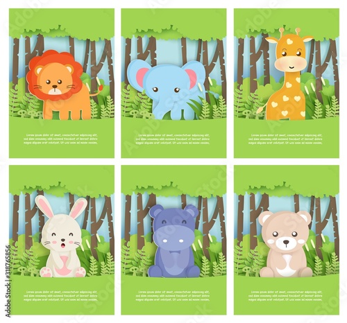 Set of zoo animal with Leo , elephant,bear ,rabbit ,hippopotamus and giraffe in forest for birthday card , postcard .  paper cut style. 