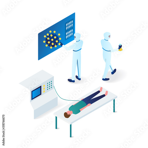 doctor trying to identify a corona virus from a man isometric illustration