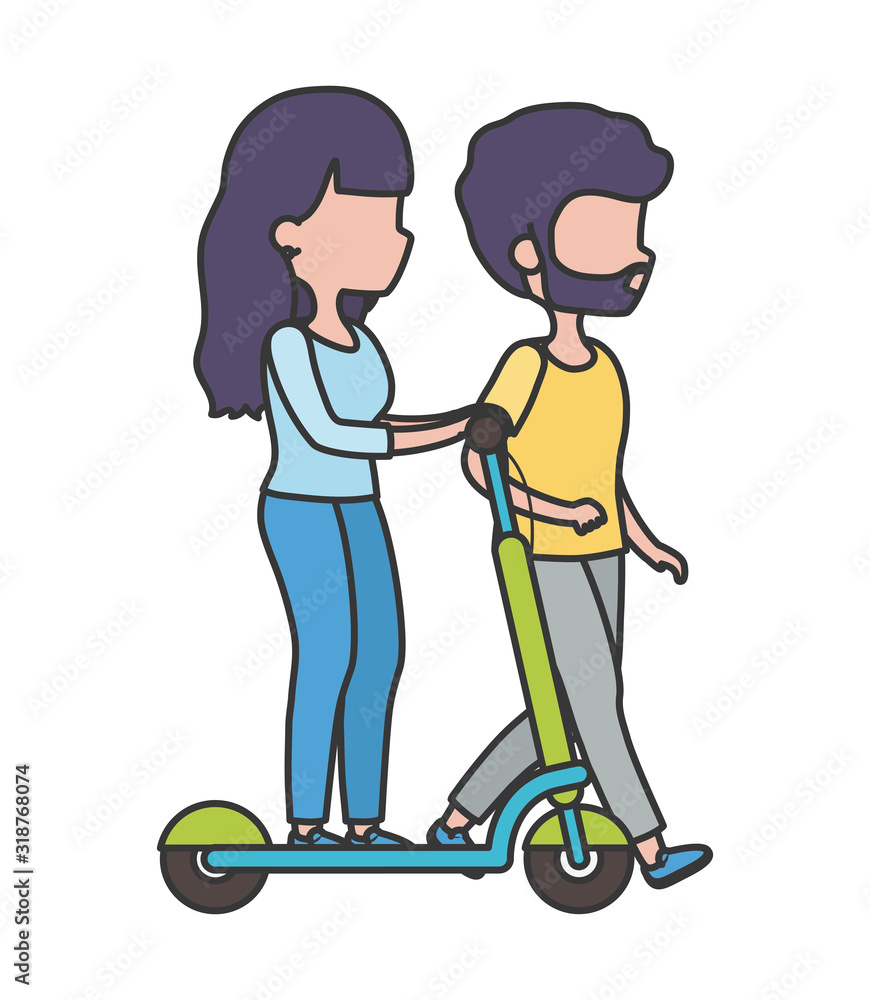young man and woman riding eletric scooter healthy lifestyle young man and woman riding eletric scooter healthy lifestyle