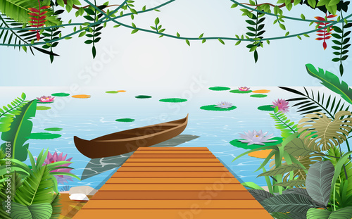 Wooden pier at the swamp in the forest	