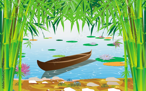Wooden pier at the swamp in the bamboo forest	