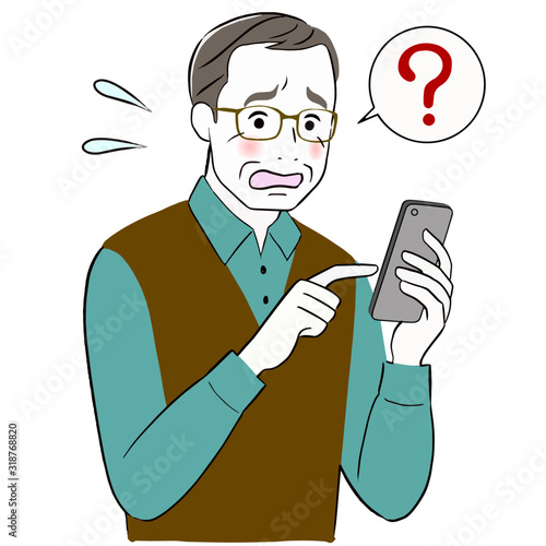 Old elder senior man holding a mobile smart phone getting confused.