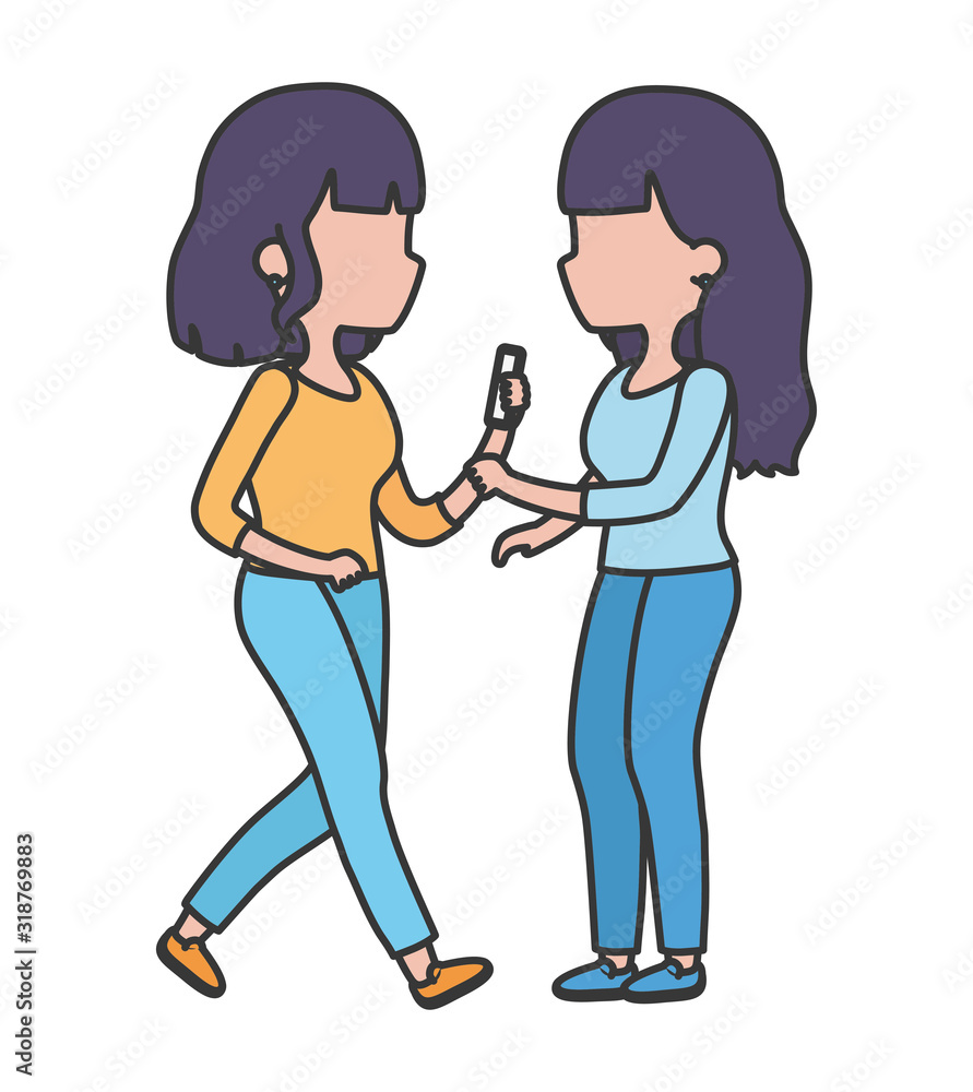 young women with smartphone together character young women with smartphone together character