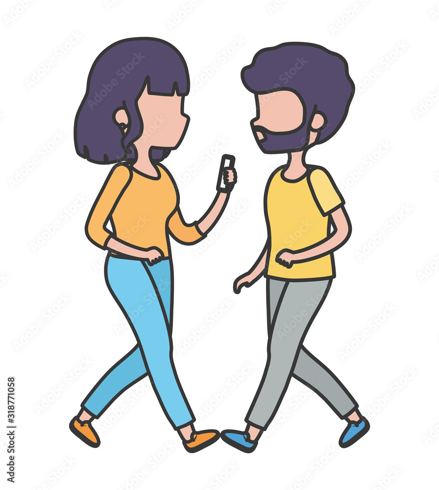 young man and woman walking with smartphone young man and woman walking with smartphone