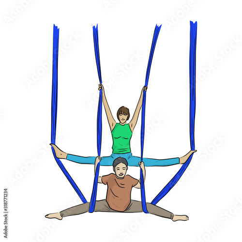 woman and daughter doing rope yoga exercises in hammocks vector illustration 