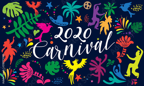 2020 Abstract Rio Brazilian Carnival music dance festival night party Samba dancer parade Sambadrome, New Orleans, Mardi Gras, notting hill, Venezia costume exotic tropical palm leaves vector template