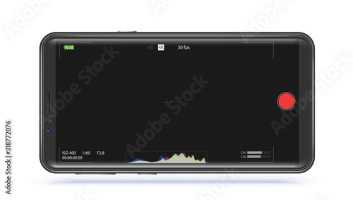 Smartphone interface with digital camera viewfinder. Video screen of camera. Interface with point of focus, battery indicator, histogram, time code and sound level. Vector Illustration, EPS10