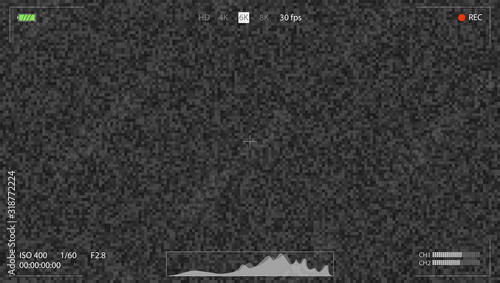 Digital camera viewfinder with digital video noise. Interfaces with battery indicator, time code, rec status, level of sound. Video screen of DSLR camera. Digital recorder display. Vector, EPS10