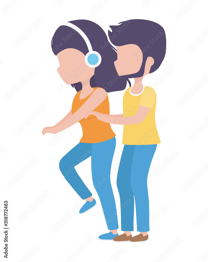 woman with headphones and man walking cartoon characters healthy lifestyle