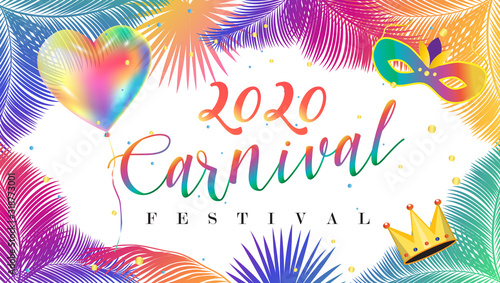 2020 Abstract Carnival Mardi Gras Festival music, ethnic pattern tropical palm tree leaves, dancer, samba parade, floral, exotic jungle background Rio Brazil, New Orleans, caribbean, notting hill