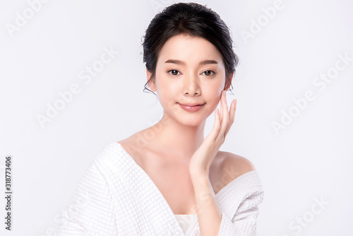 Portrait beautiful young asian woman clean fresh bare skin concept. Asian girl beauty face skincare and health wellness  Facial treatment  Perfect skin  Natural makeup  on white background two