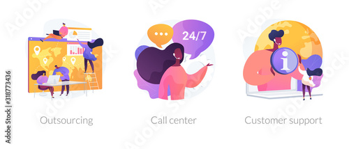 Company services and organizational management. Corporate helpline, client assistance. Outsourcing, call center, customer support metaphors. Vector isolated concept metaphor illustrations.
