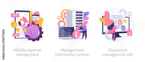 Personal finance control app and data center automation. Mobile expense management, management information system, document management soft metaphors. Vector isolated concept metaphor illustrations
