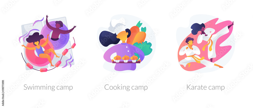 Kids holiday activities. Hobby, leisure, recreation. Children summer vacation adventures. Swimming, cooking camp, karate camp metaphors. Vector isolated concept metaphor illustrations.