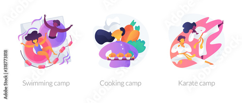 Kids holiday activities. Hobby, leisure, recreation. Children summer vacation adventures. Swimming, cooking camp, karate camp metaphors. Vector isolated concept metaphor illustrations.