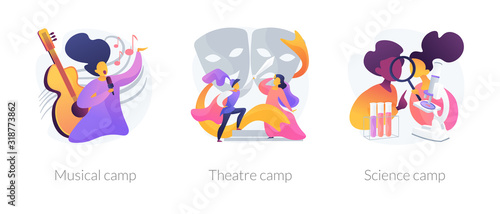 Artistic and scientific activities for children set. Musical, theatre science, camps metaphors. Developing creativity. Kids hobbies and entertainment. Vector isolated concept metaphor illustrations